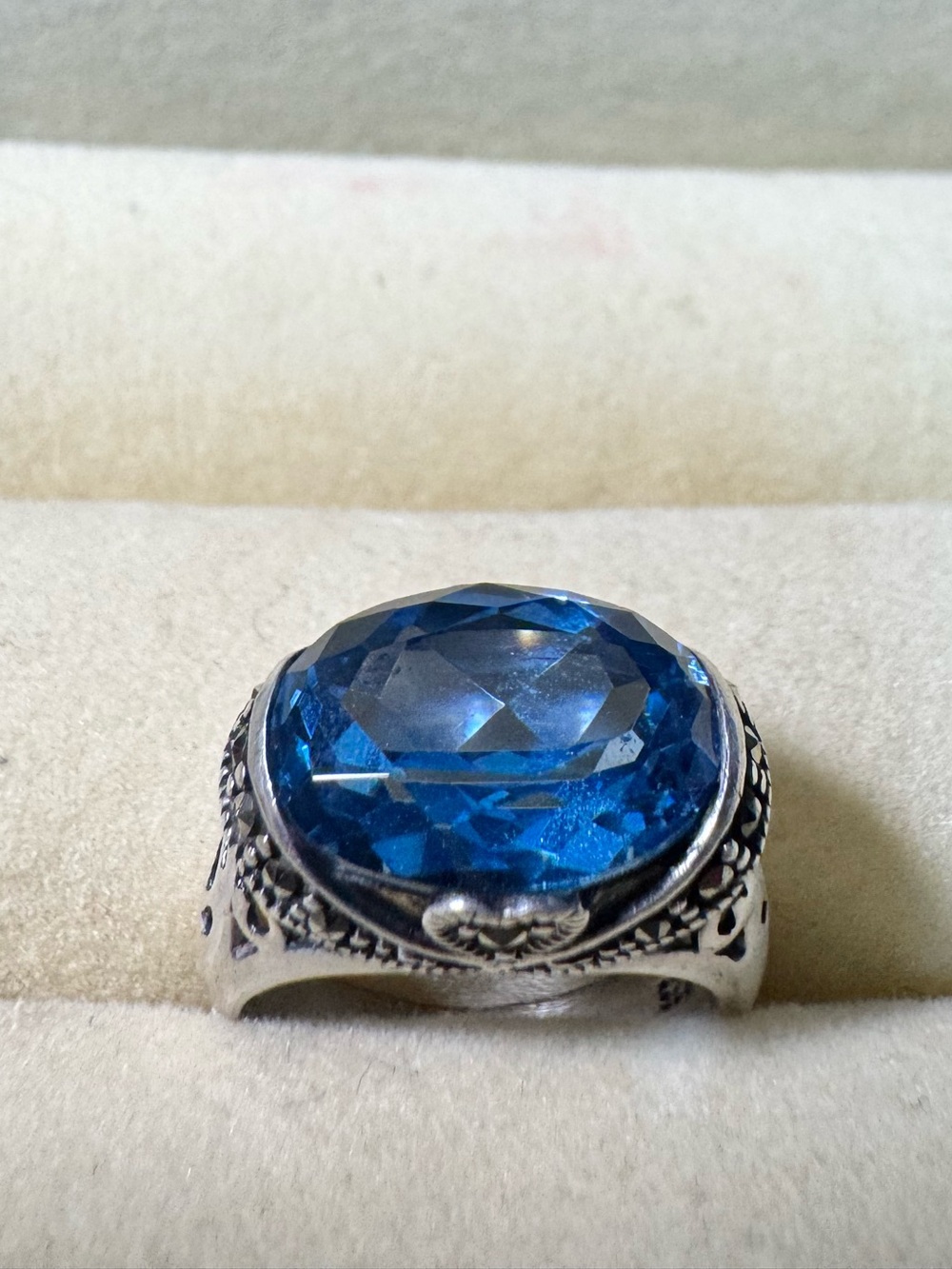 Vintage 925 Sterling Silver Marcasite London Blue Topaz Ring Size 6 6.1g